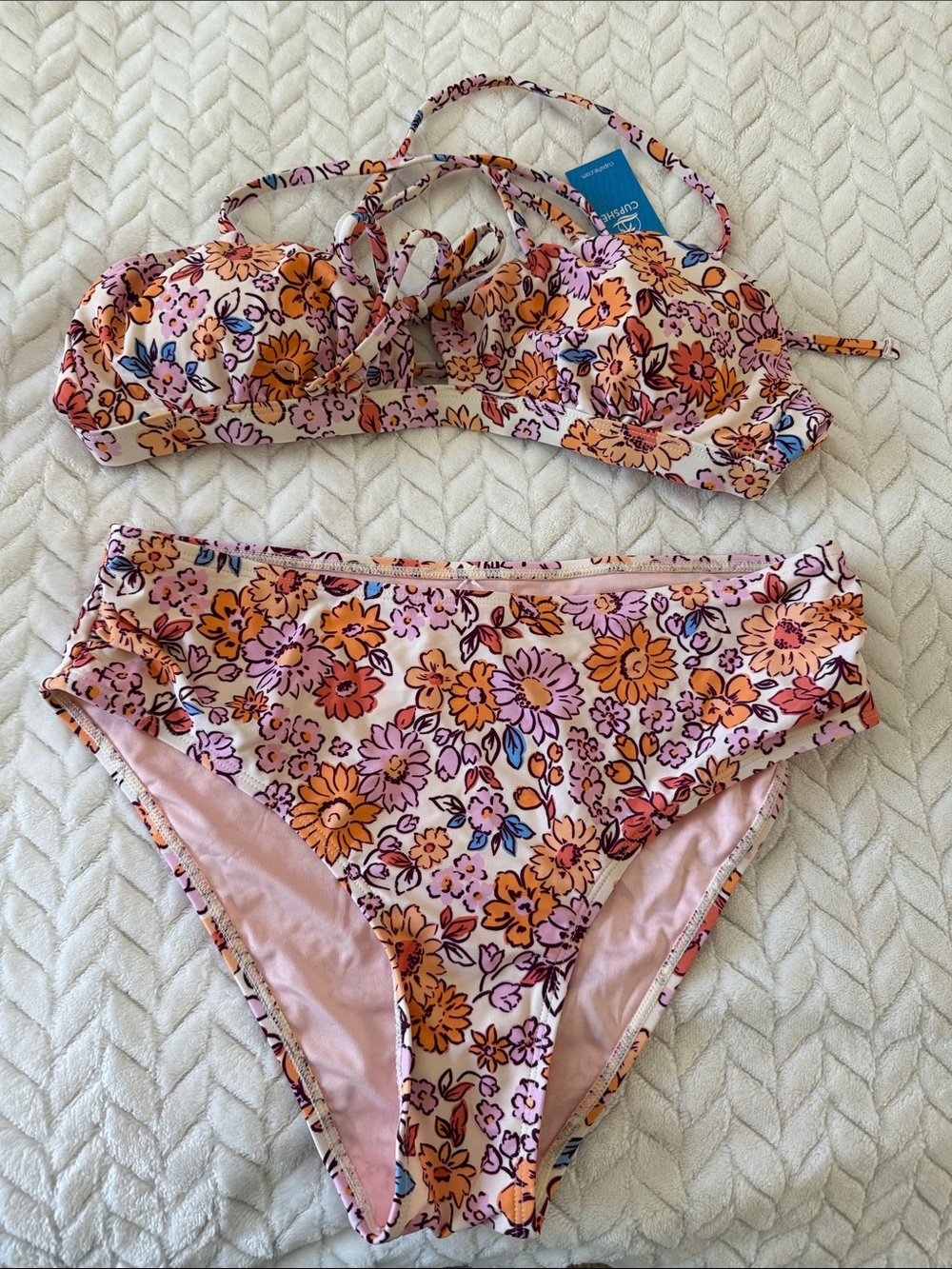 Cupshe Pink Floral High-Waist Bikini with Orange & Purple Blooms